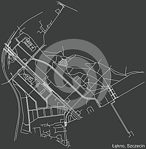 Dark negative street roads map of the ÅÄ™kno neighborhood of Szczecin, Poland